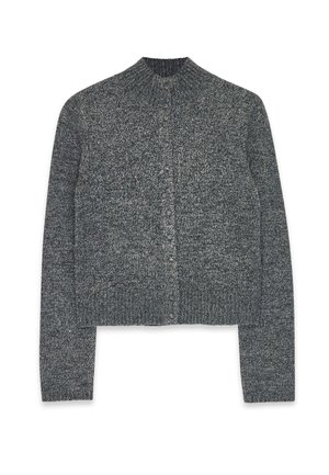 Cardigan gris foncé en maille, manches longues, avec poignets, ourlet et col montant côtelés, présenté à plat sur fond blanc.