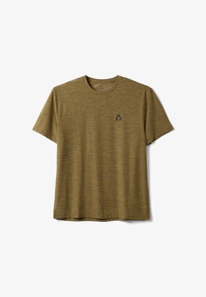 Olijfgroen T-shirt met korte mouwen en ronde hals, met een subtiele gemêleerde structuur en een klein zwart Altavia-logo op de linkerborst.