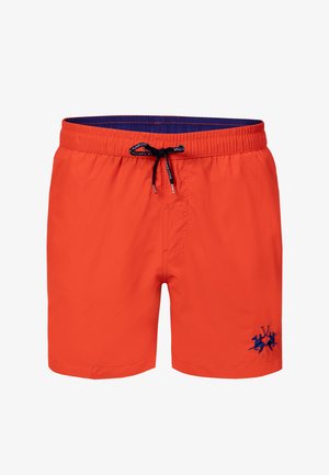 Pomarańczowe kąpielówki z elastycznym pasem, granatowym sznurkiem i niebieskim logo gracza polo na koniu na lewej nodze.