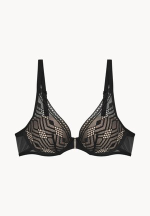 Soutien-gorge noir en dentelle et en maille avec un motif géométrique, bretelles réglables et un fermoir à crochets à l'arrière. Doublure beige douce visible.