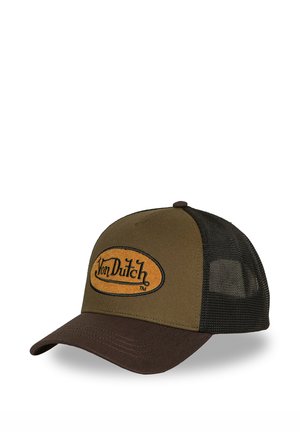 Gorra trucker Von Dutch marrón y verde oliva con parte trasera de malla y visera curvada, parche frontal con logo en negro y naranja.
