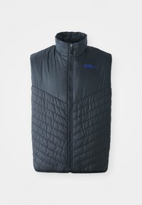 Czarna ocieplana kamizelka z wysokim kołnierzem, pionowym pikowaniem w dolnej części, zamkiem błyskawicznym z przodu oraz niebieskimi logo "INTER" i Nike.