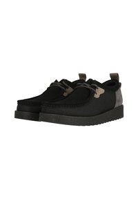 Black shoes featuring a textured mesh upper, suede accents, and a durable rubber sole. Laces with a loop at the heel for easy wear.