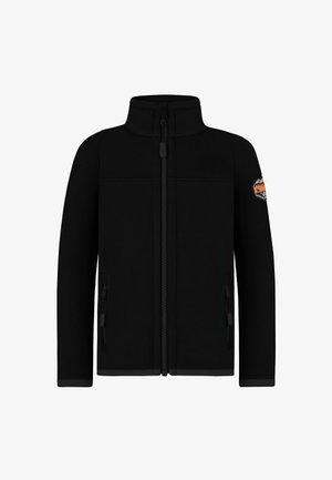Schwarze Fleecejacke mit hohem Kragen, frontalem Reißverschluss und zwei seitlichen Reißverschlusstaschen. Mit einem orangefarbenen Logo-Patch auf der linken Brust.