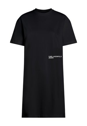 Crna oversized haljina od tijesta, izrađena od pamuka, s kratkim rukavima i ravnim krojem. Logo 'Karl Lagerfeld Jeans' u bijeloj boji na prednjoj strani.