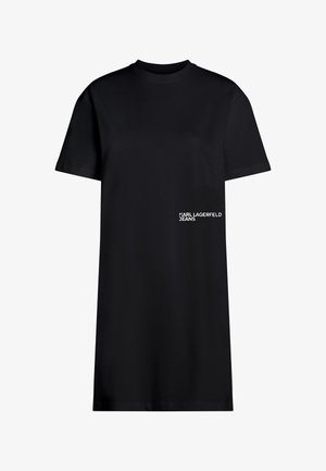 Crna oversized haljina od tijesta, izrađena od pamuka, s kratkim rukavima i ravnim krojem. Logo 'Karl Lagerfeld Jeans' u bijeloj boji na prednjoj strani.
