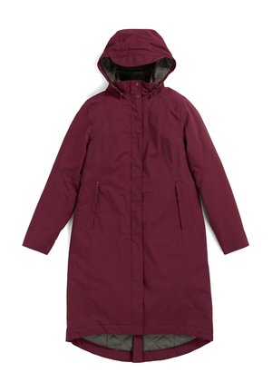 Bordeaux lange jas met een capuchon, voorzien van een gewatteerde voering, twee voorzakken en drukknoopsluiting, ontworpen voor warmte en bescherming.