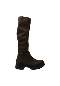 Botas de cuero marrón hasta la rodilla con un diseño holgado, que cuentan con una suela negra gruesa y costuras en contraste a lo largo de las costuras.