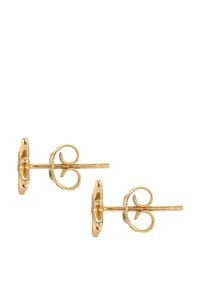 Goldfarbene Ohrstecker mit einem strukturierten, runden Design und einem Klappverschluss. Sie verfügen über eine polierte Oberfläche und detaillierte Verzierungen entlang der Kanten.