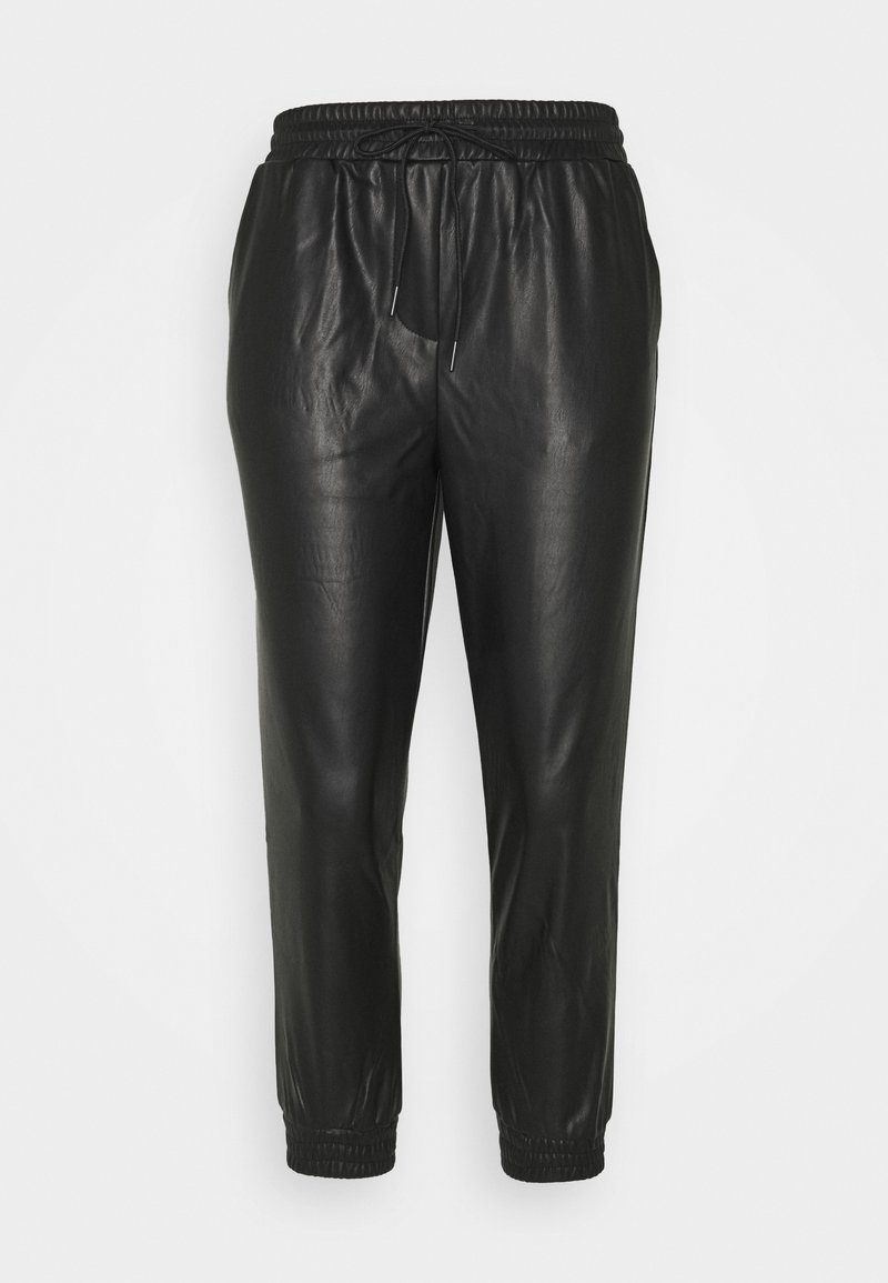 Svarta läder joggerbyxor med elastisk midja, snörning i midjan och elastiska manschetter vid anklarna. Slät textur genom hela byxorna.