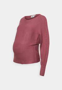Pull de maternité couleur rose poussiére, texture côtelée, coupe décontractée, manches longues, encolure ronde, coutures latérales détaillées et tissu doux.
