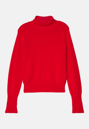 Punainen korkeakauluksinen villapaita, neulottu kangas, slim fit -muotoilu, ribbireunat ja helma, sileä pinta, lyhyt pituus.