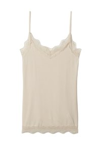 Beige-Camisole mit Spitze am Halsausschnitt und Saum, dünne verstellbare Träger und eine glatte, weiche Textur.