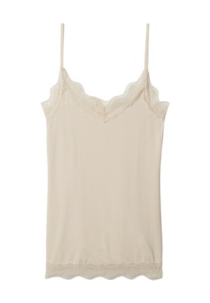 Camisole beige avec dentelle au niveau du décolleté et de l'ourlet, dotée de fines bretelles réglables et d'une texture lisse et douce.
