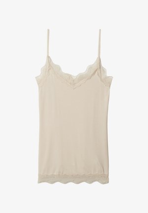 Camisole beige avec dentelle au niveau du décolleté et de l'ourlet, dotée de fines bretelles réglables et d'une texture lisse et douce.