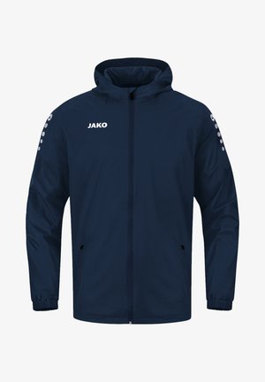 Marine windbreakerjas met een volledige ritssluiting aan de voorkant, elastische manchetten, twee zijzakken en een capuchon. Voorzien van een wit logo en stipaccenten op de mouwen.