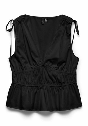 Sort ærmeløs bluse med justerbare skulderstropper, indsnøret talje og rynket peplumkant, lagt fladt på hvid baggrund.