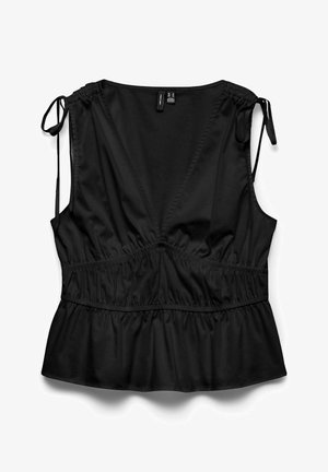 Zwarte mouwloze blouse met verstelbare schouderstrikjes, getailleerde taille en geplooide peplumzoom, plat gelegd op een witte achtergrond.