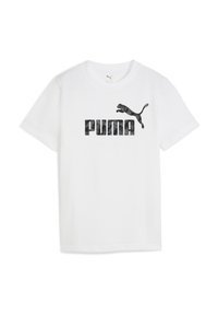 Valge puuvillane T-särk, millel on must kamuflaažiga 'PUMA' logo ja hüppava puma graafika. Lühikesed varrukad ja ümmargune kaelus.