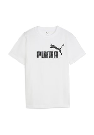 T-shirt blanc en coton avec un logo 'PUMA' en camouflage noir et un graphique de puma en saut. Manches courtes et col rond.
