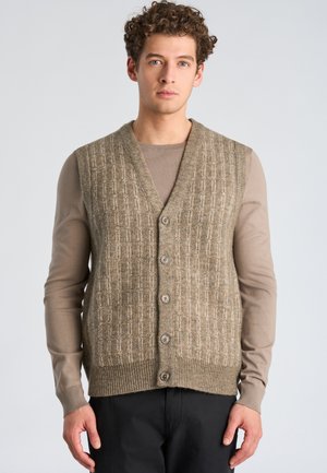 Jonge man met krullend haar die een taupekleurig shirt met lange mouwen en een beige gebreid vest met knopen en patroon draagt, tegen een effen achtergrond.