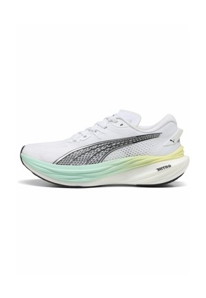 White athletic shoe with a textured upper, black accents, and a gradient mint-green to yellow sole. Features traditional laces and branding.