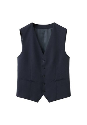 Dunkel marineblaue Herrenformweste mit fünf Knöpfen vorne und zwei horizontalen dekorativen Taschen.