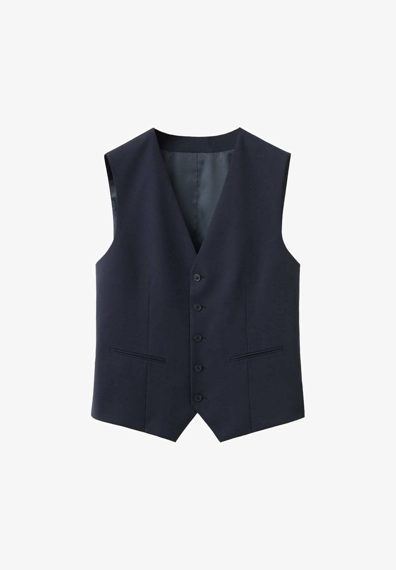 Gilet formel homme bleu marine foncé avec cinq boutons sur le devant et deux poches décoratives horizontales.