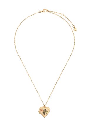 Delicaat gouden ketting met een hartvormige medaillonhanger met gegraveerde vogels en een roze bloem, bevestigd met een karabijnsluiting.