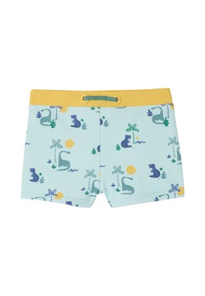 Light blue children's swim shorts with yellow waistband and drawstring, decorated with cartoon dinosaurs, palm trees, and sun shapes.