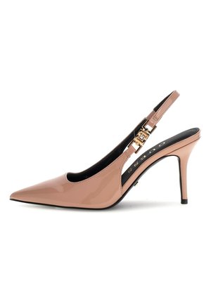 Décolleté in vernice nuda con punta affusolata e tacco a stiletto di 4 pollici. Presenta accessori in tonalità oro e design con ritagli sui lati.