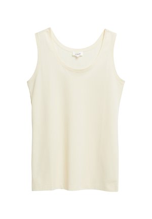 Ärmelloses Tanktop in Cremefarbe mit rundem Halsausschnitt, einfachem Design und glatter Stoffstruktur.