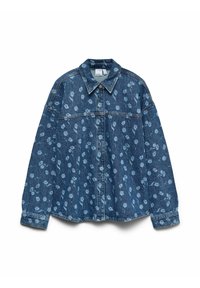 Farkkutakki, jossa kevyt ja tumma sininen kukkakuosi, klassinen kaulus ja napitettava suljenta, väljä istuvuus ja pitkät hihat.