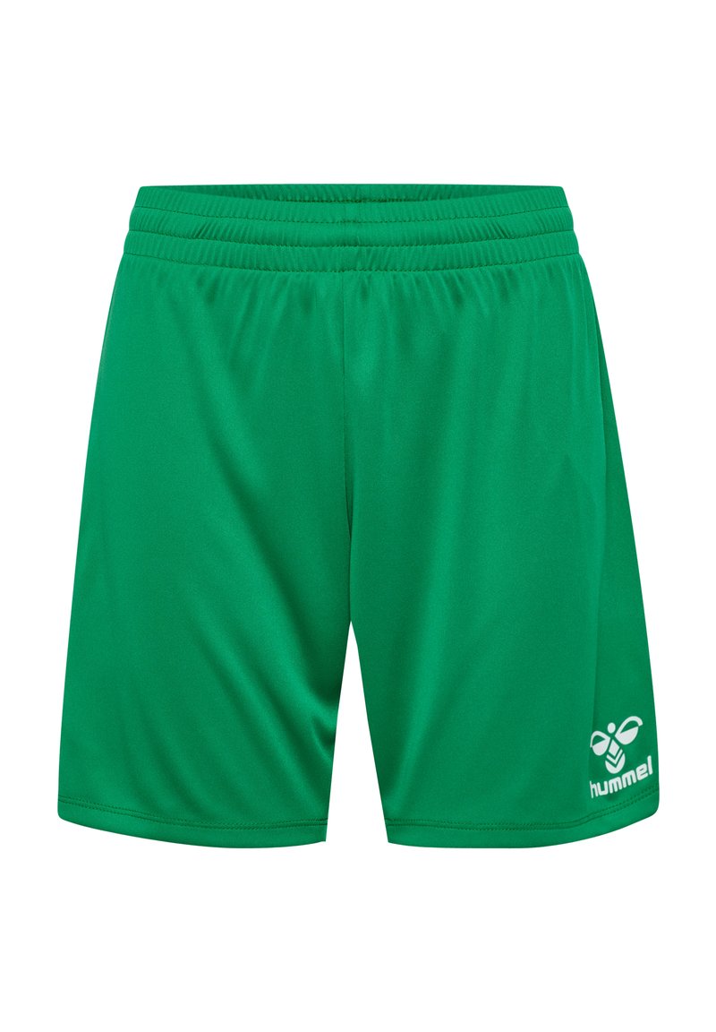 Gröna sportshorts i slät syntetmaterial med elastisk midja och en broderad vit logotyp på nedre högra sidan.