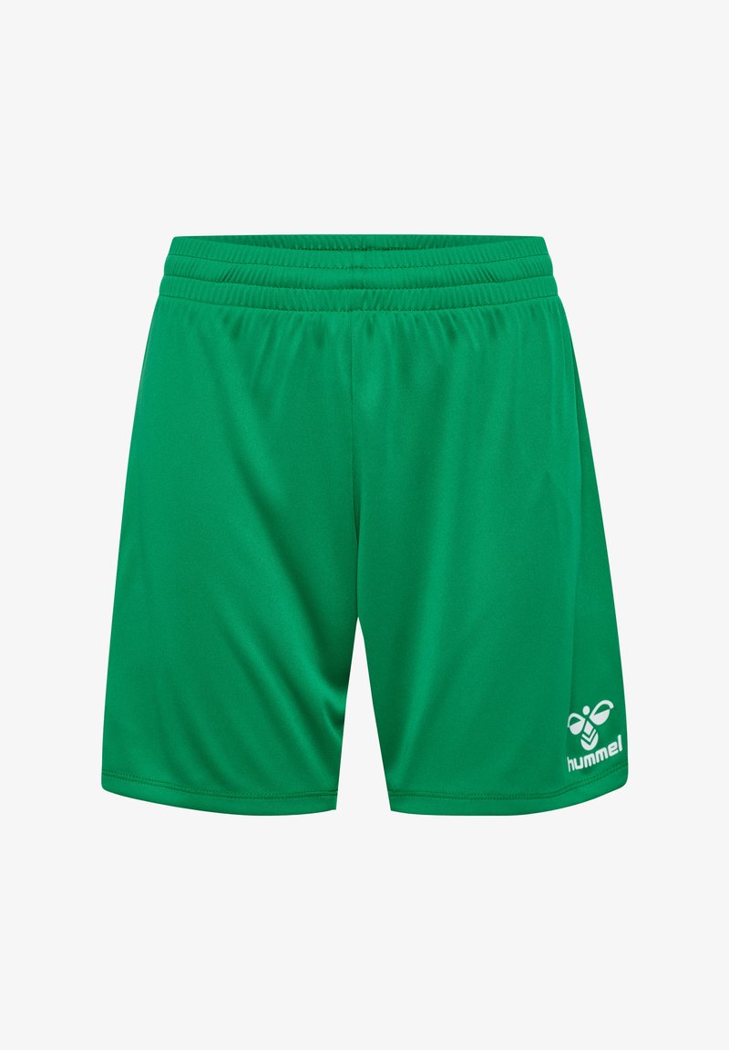 Grüne Sportshorts aus glattem Synthetikmaterial mit einem elastischen Bund und einem gestickten weißen Logo an der unteren rechten Seite.