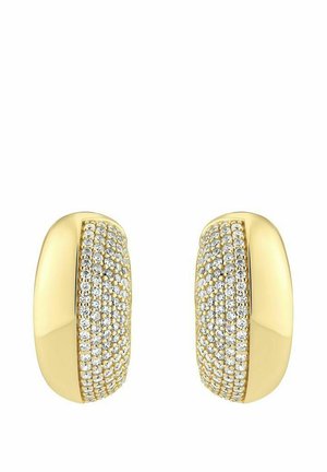 Guldtonede hoop-øreringe med en glat overflade og en række små, funklende sten langs fronten for ekstra detaljer.