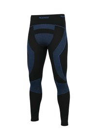 Schwarze sportliche Leggings mit blauen geometrischen und gestreiften Mustern, aus elastischem Material, mit hohem Bund und enger Passform.