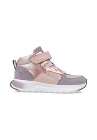 Sneaker alta con tomaia in tessuto rosa e lavanda, dettagli in rete, cinturino regolabile in velcro e suola in gomma bianca.