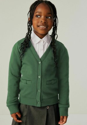 Grüne Strickjacke mit V-Ausschnitt, zwei Fronttaschen und Knopfverschluss, aus weichem Stoff. Kombiniert mit einem weißen Hemd mit Kragen und einem grauen Rock.