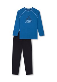 Blaues Langarmhemd mit einem Fahrrad-Graphic und dem Text "JUMP", kombiniert mit schwarzen Hosen. Aus Baumwollstoff, lockere Passform, einfaches Design.