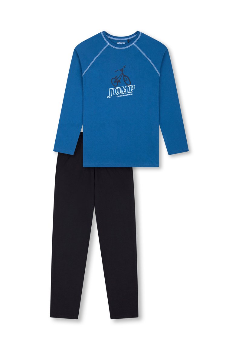 Blue long-sleeve shirt with a bicycle graphic and "JUMP" text, paired with black pants. Cotton fabric, relaxed fit, simple design.