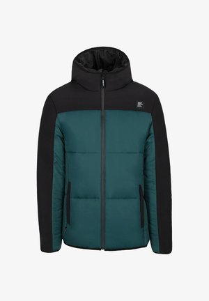Gesteppten Jacke mit schwarzer Kapuze und Ärmeln, tealfarbener Vorderseite, Frontreißverschluss, seitlichen Taschen und Logo-Patch auf der Brust. Glatte Textur.