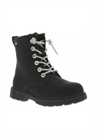 Bottines noires à lacets en cuir texturé, avec des lacets en métal argenté et des œillets en métal, dotées d'une semelle en caoutchouc robuste et d'un bout rond.