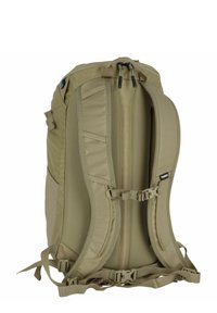 Sac à dos kaki avec dos et bretelles en mesh rembourré, comportant des boucles latérales réglables, une fermeture éclair sur le dessus et un détail de logo. Matériau en nylon texturé.