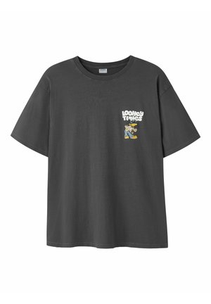 Mörkgrå bomulls t-shirt med kort ärm. Har en Looney Tunes-grafik på vänster bröstområde. Rund halsdesign.