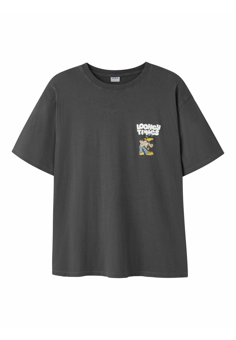 Tummanharmaa puuvillapaita, jossa on lyhyet hihat. Vasemmassa rintamuksessa Looney Tunes -grafiikka. Pyöreä pääntie.