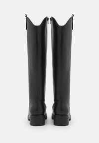 Black knee-high boots made of smooth leather, featuring a rounded toe, chunky heel, and zipper closure at the back. Clean lines with minimal accents.