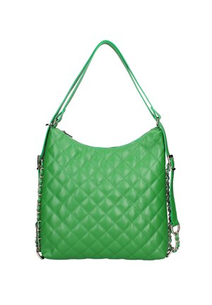 Grüne gesteppte Leder-Schultertasche mit verstellbarem Riemen und Kettendetails, Reißverschluss und rechteckiger Form.