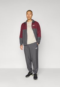 Tuta atletica grigia con dettagli bordeaux, composta da una giacca con zip e pantaloni con vita elasticizzata; include dettagli con il logo Puma.