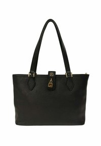 Borsa tote in pelle nera testurizzata con due manici a spalla e un dettaglio centrale in oro a forma di lucchetto su una patta frontale.